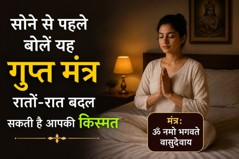 रात में बिस्तर पर बैठी महिला हाथ जोड़कर “ॐ नमो भगवते वासुदेवाय” मंत्र का जप करती हुई, शांत और आध्यात्मिक वातावरण