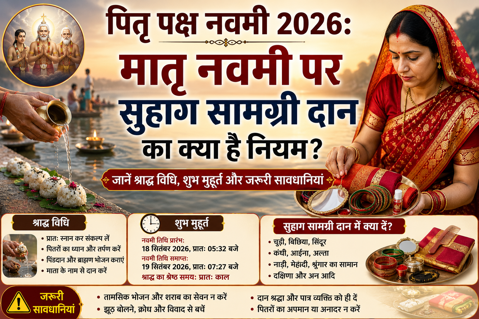 पितृ पक्ष की मातृ नवमी पर सुहाग सामग्री, फल, दीपक और जल कलश के साथ श्राद्ध कर्म करते श्रद्धालु, पास में पिंडदान की सामग्री सजी हुई