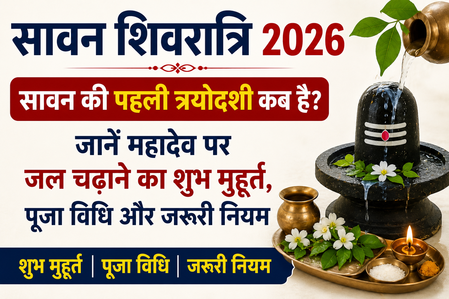 शिवलिंग पर जल चढ़ाते हुए तांबे के लोटे, बेलपत्र, दीपक और पूजा थाली के साथ सावन शिवरात्रि का पूजन दृश्य