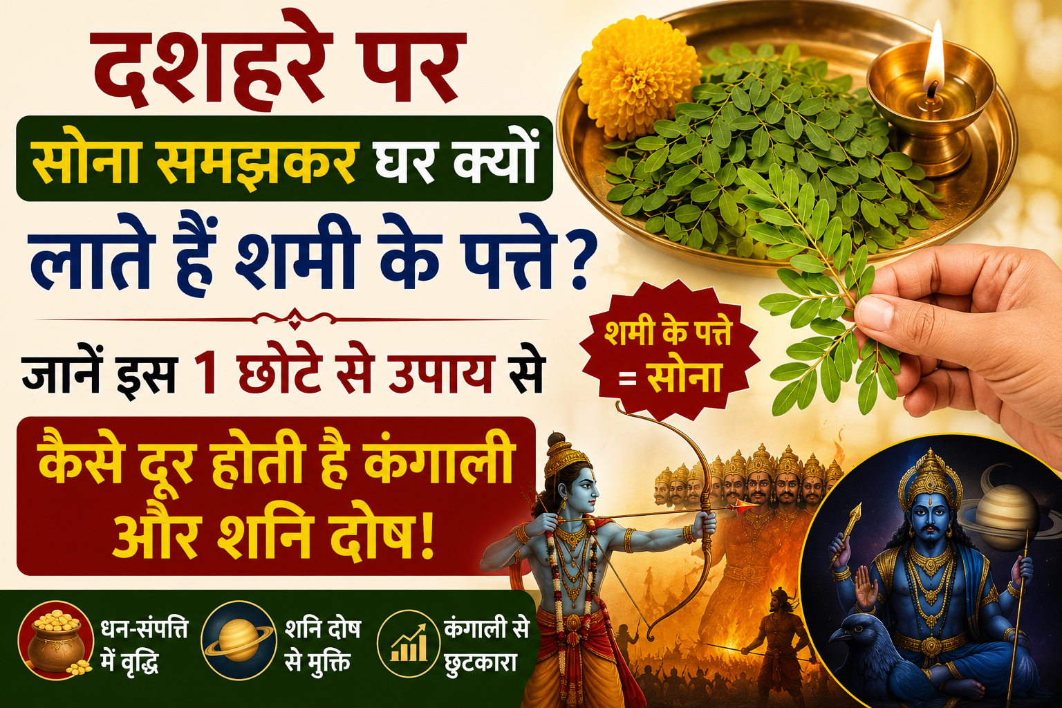 दशहरे के अवसर पर पूजा थाली में रखे शमी के हरे पत्ते, दीपक, सोने के सिक्कों की प्रतीकात्मक सजावट और पृष्ठभूमि में भगवान शनि एवं विजयादशमी पूजा का दृश्य।