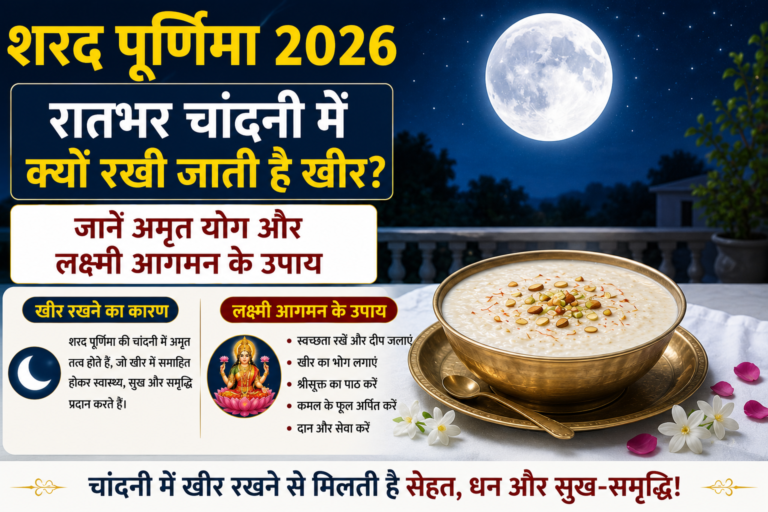 शरद पूर्णिमा 2026 पर चांदनी में रखी खीर और माता लक्ष्मी पूजा का दृश्य