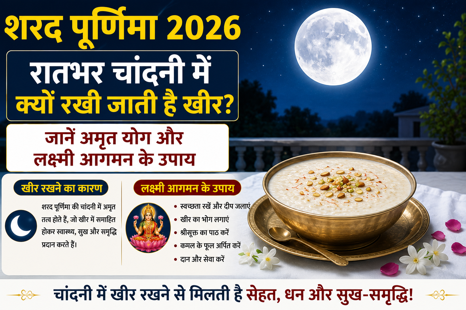 शरद पूर्णिमा 2026 पर चांदनी में रखी खीर और माता लक्ष्मी पूजा का दृश्य