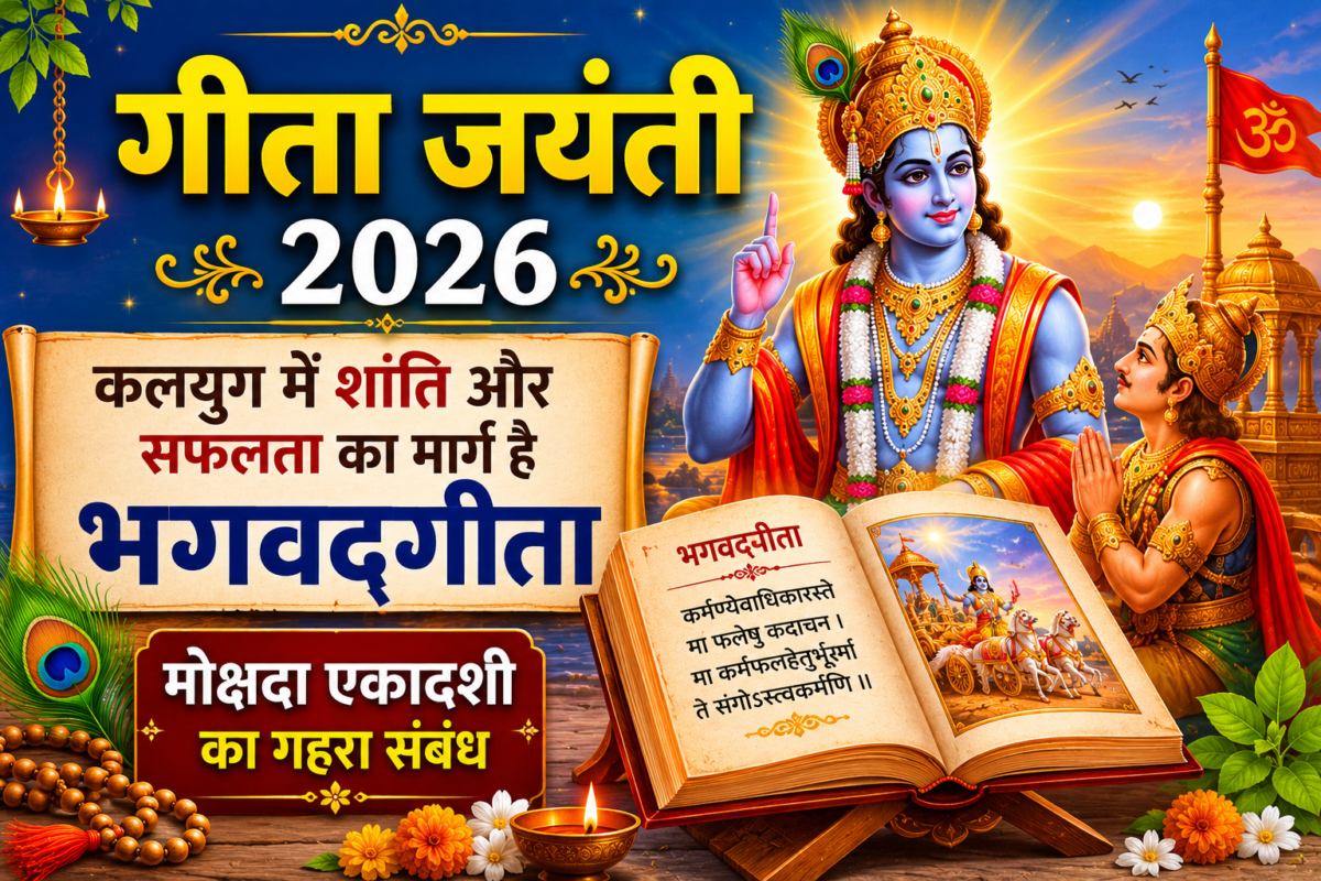 भगवान श्रीकृष्ण अर्जुन को गीता का उपदेश देते हुए, गीता जयंती और मोक्षदा एकादशी का आध्यात्मिक दृश्य