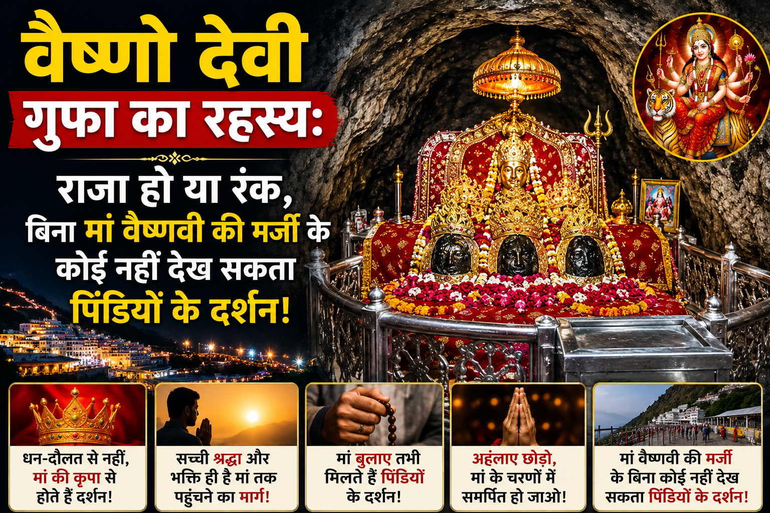 ष्णो देवी गुफा के अंदर स्थित पवित्र पिंडियों का दृश्य