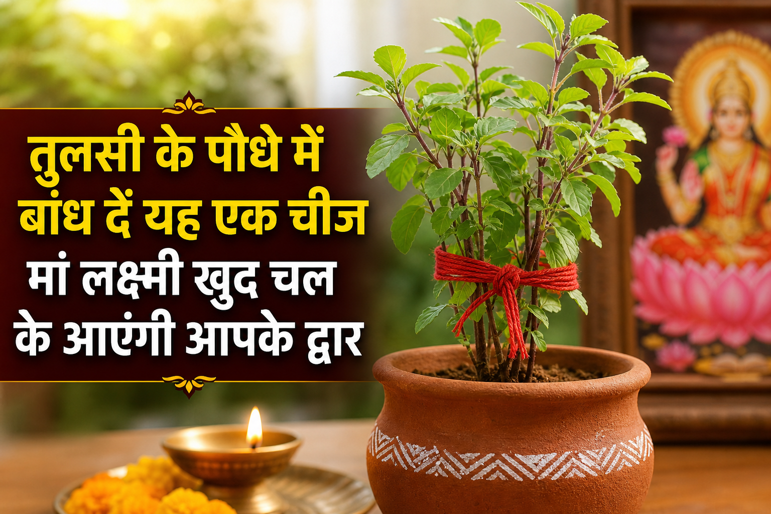 गमले में लगी तुलसी के पौधे के तने पर लाल मौली बंधी है, पास में जलता हुआ दीपक और पृष्ठभूमि में मां लक्ष्मी की तस्वीर दिखाई दे रही है।