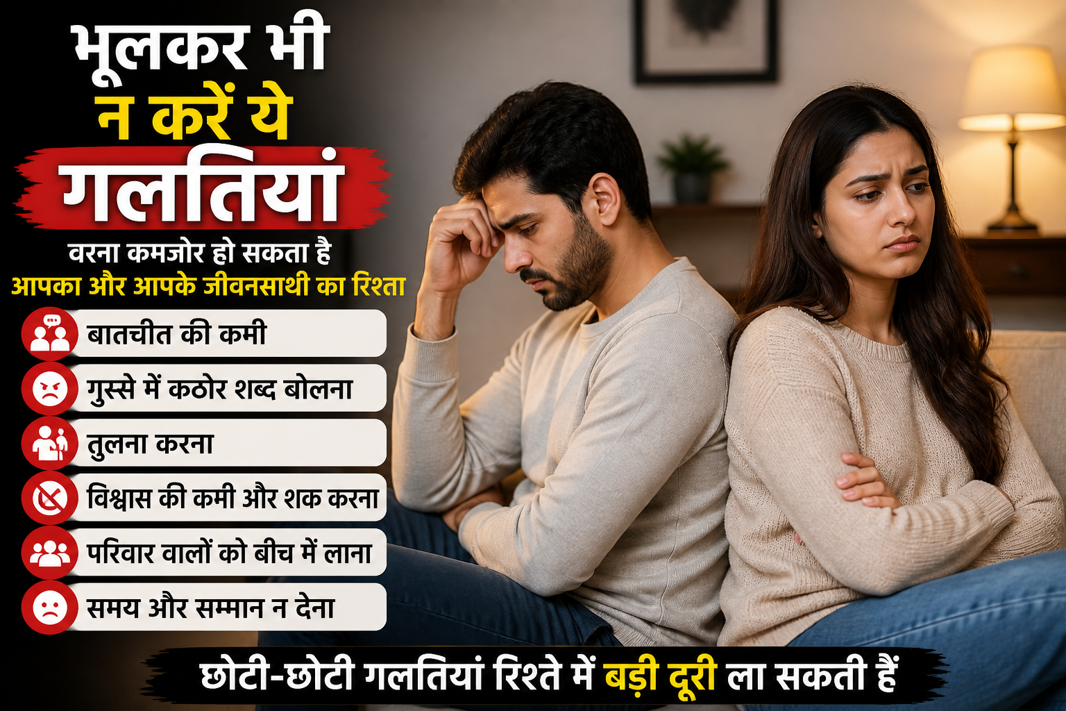 सोफे पर बैठे एक उदास दंपति एक-दूसरे से मुंह फेरकर बैठे हैं, बगल में रिश्ते में होने वाली गलतियों की हिंदी सूची दिखाई दे रही है।