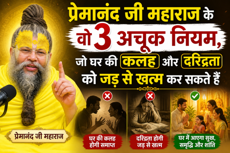 प्रेमानंद जी महाराज का प्रेरणादायक पोस्टर, जिसमें वे पीले वस्त्रों में उपदेश देते दिख रहे हैं और साथ में घर की कलह, दरिद्रता तथा सुख-समृद्धि दर्शाते दृश्य हैं।
