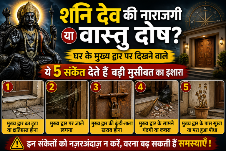 शनि देव की प्रतिमा के साथ घर के मुख्य दरवाज़े पर दिखने वाली टूट-फूट, जाले, खराब कुंडी-ताला, कचरा और सूखा पौधा दर्शाते चेतावनी संकेत।