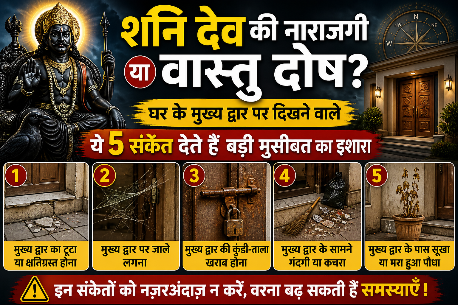 शनि देव की प्रतिमा के साथ घर के मुख्य दरवाज़े पर दिखने वाली टूट-फूट, जाले, खराब कुंडी-ताला, कचरा और सूखा पौधा दर्शाते चेतावनी संकेत।