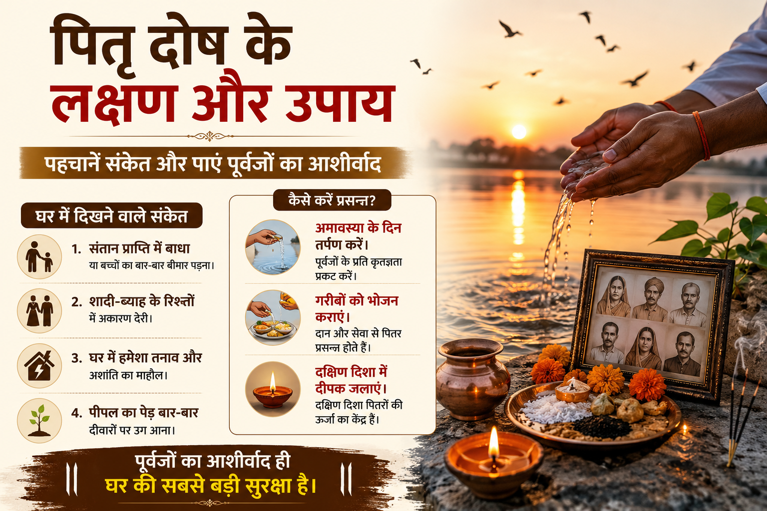 पितृ दोष के लक्षण और उपाय दिखाता हुआ धार्मिक दृश्य, जिसमें पूर्वजों को तर्पण और दीपक जलाया जा रहा है