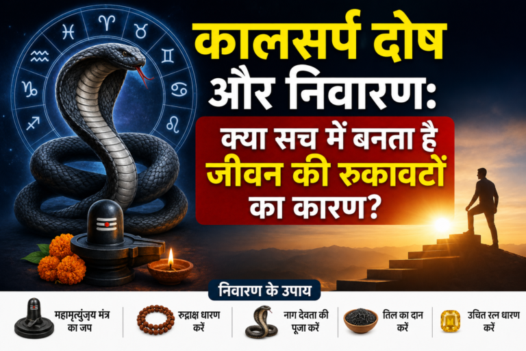 राशि चक्र पृष्ठभूमि में कुंडलीनुमा सर्प, शिवलिंग और दीपक के साथ कालसर्प दोष तथा निवारण के उपाय दर्शाता आध्यात्मिक पोस्टर।