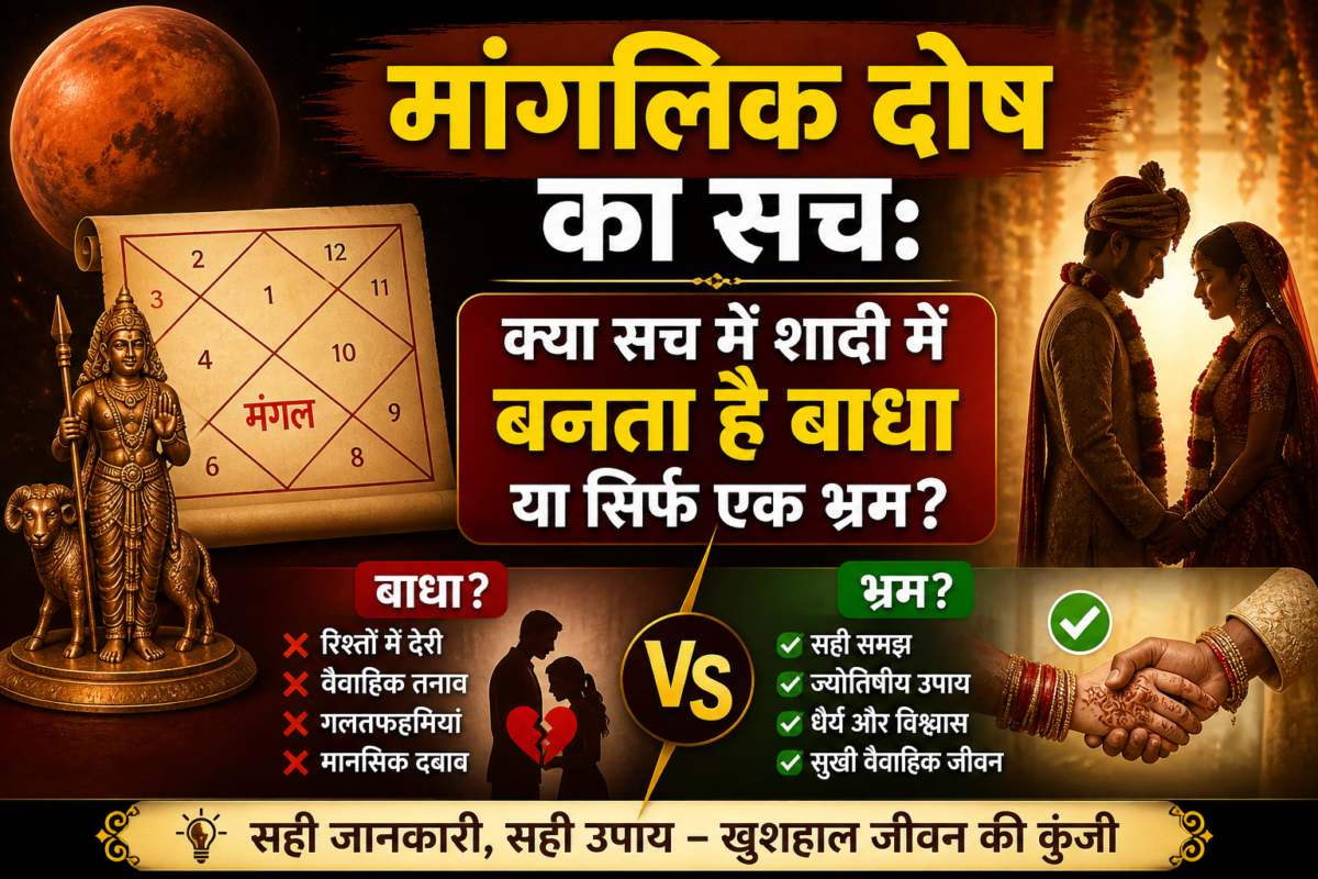 जन्म कुंडली, मंगल ग्रह के संकेत और विवाह करते दूल्हा-दुल्हन की छवि के साथ मांगलिक दोष पर सवाल उठाता आध्यात्मिक पोस्टर।