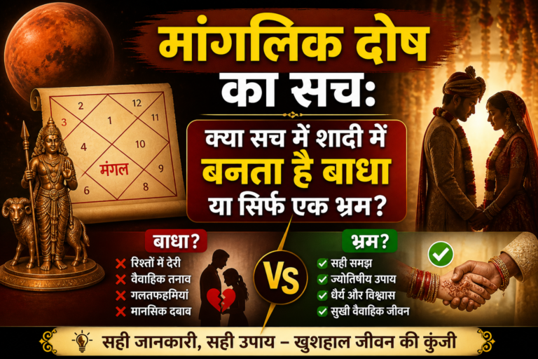 जन्म कुंडली, मंगल ग्रह के संकेत और विवाह करते दूल्हा-दुल्हन की छवि के साथ मांगलिक दोष पर सवाल उठाता आध्यात्मिक पोस्टर।