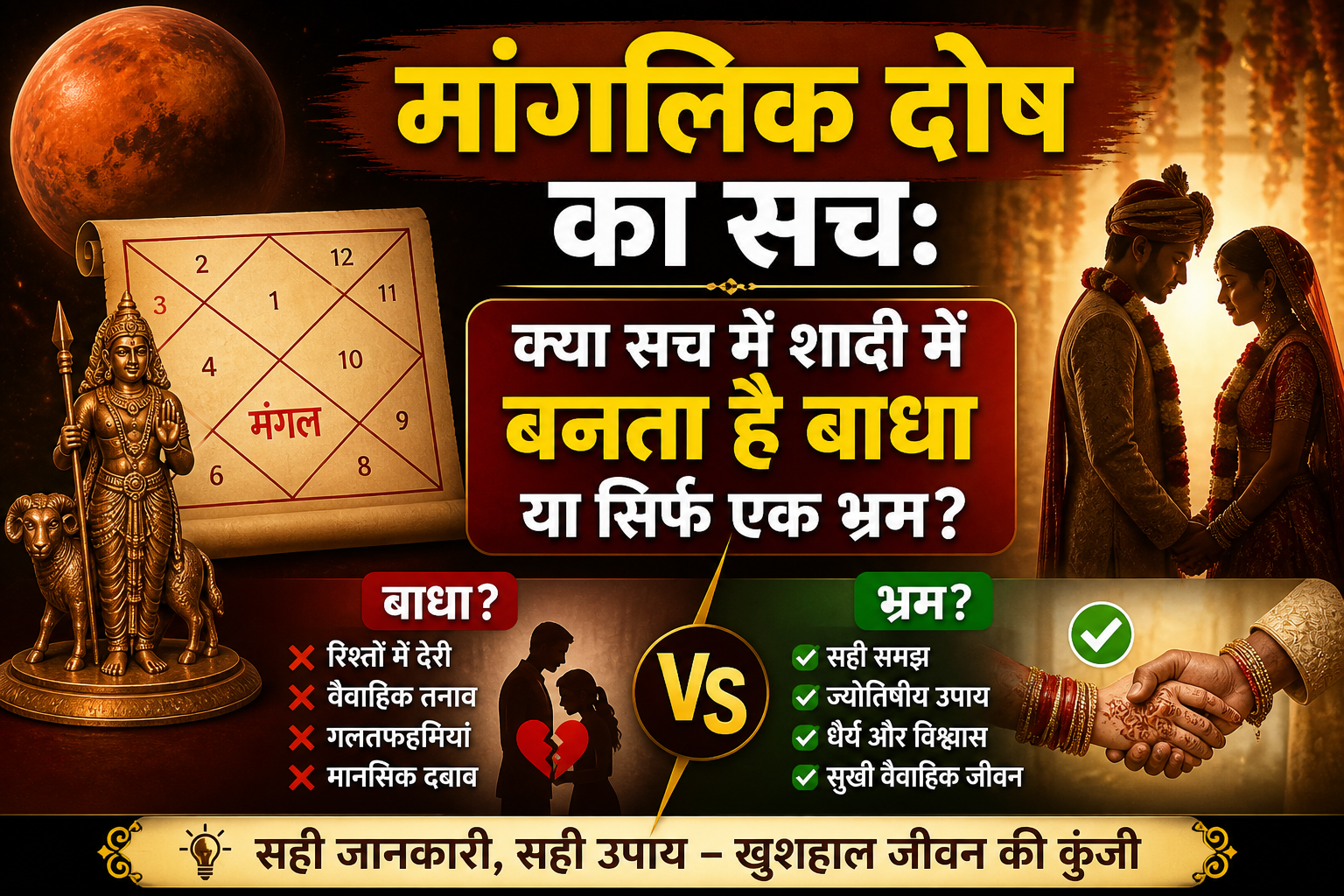 जन्म कुंडली, मंगल ग्रह के संकेत और विवाह करते दूल्हा-दुल्हन की छवि के साथ मांगलिक दोष पर सवाल उठाता आध्यात्मिक पोस्टर।