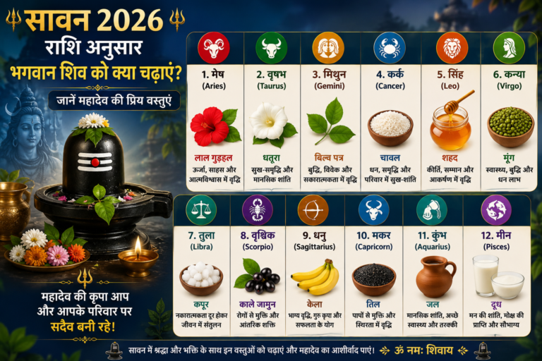 सावन 2026 इन्फोग्राफिक जिसमें शिवलिंग के साथ 12 राशियों के अनुसार भगवान शिव को चढ़ाई जाने वाली प्रिय वस्तुएं जैसे गुड़हल, धतूरा, बिल्व पत्र, चावल, शहद, मूंग, कपूर, जामुन, केला, तिल, जल और दूध दर्शाए गए हैं।