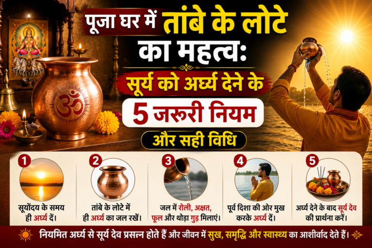 तांबे के लोटे से उगते सूर्य को अर्घ्य देते श्रद्धालु, साथ में पूजा स्थल, दीपक और सूर्य उपासना के तत्व दर्शाता धार्मिक दृश्य, जो सूर्य देव की आराधना को दर्शाता है।