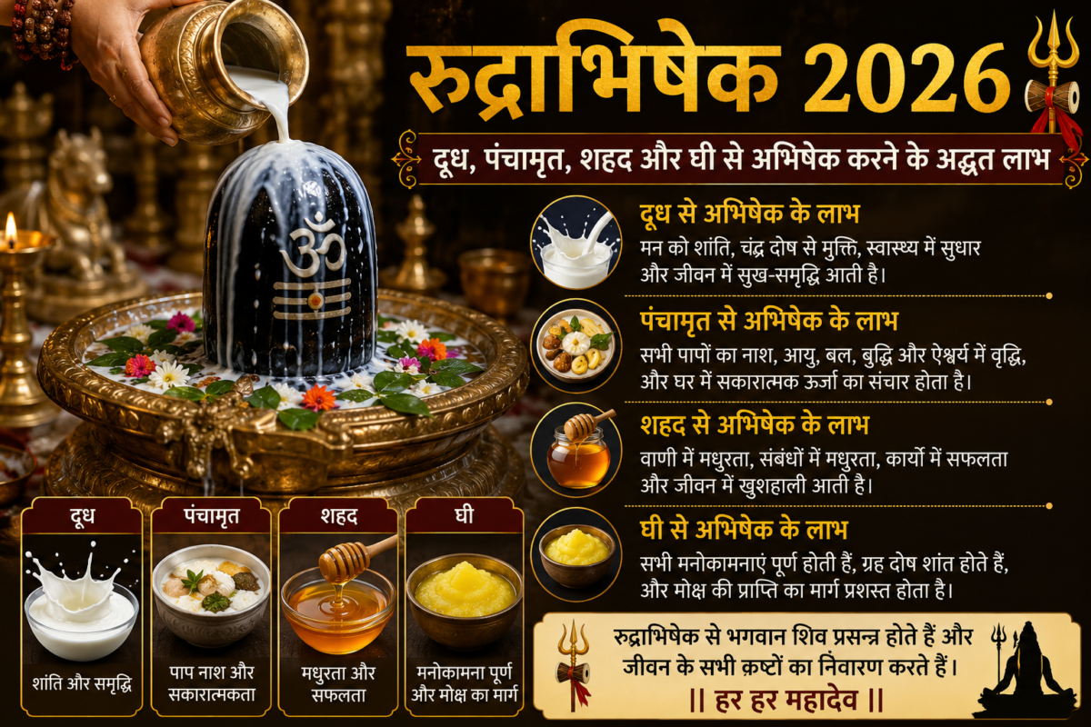 भगवान शिव के शिवलिंग पर दूध से रुद्राभिषेक करते हुए एक सुंदर धार्मिक दृश्य, जिसमें दूध, पंचामृत, शहद और घी से अभिषेक के आध्यात्मिक लाभ हिंदी में दर्शाए गए हैं।
