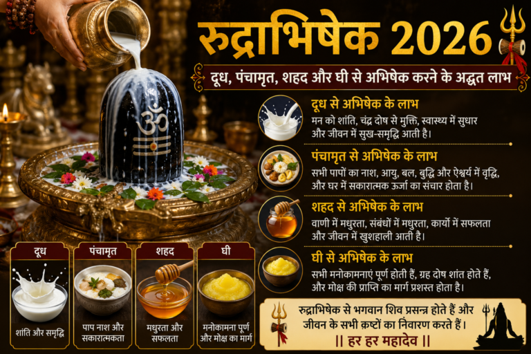 भगवान शिव के शिवलिंग पर दूध से रुद्राभिषेक करते हुए एक सुंदर धार्मिक दृश्य, जिसमें दूध, पंचामृत, शहद और घी से अभिषेक के आध्यात्मिक लाभ हिंदी में दर्शाए गए हैं।