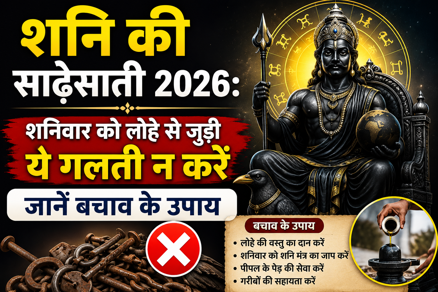 भगवान शनि सिंहासन पर विराजमान, पीछे ज्योतिष चक्र, पास में कौआ और लोहे की जंजीरें, साथ में शनिवार को सावधानी और बचाव उपायों का हिंदी संदेश।