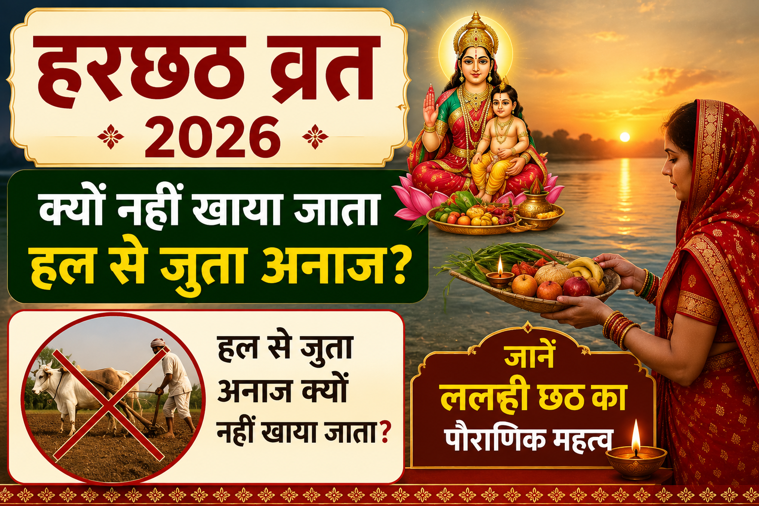 नदी किनारे पूजा करती पारंपरिक वेशभूषा में महिला, थाली में फल-फूल और दीपक, साथ में देवी का चित्र और हल से जुताई करते बैल का निषेध संकेत।