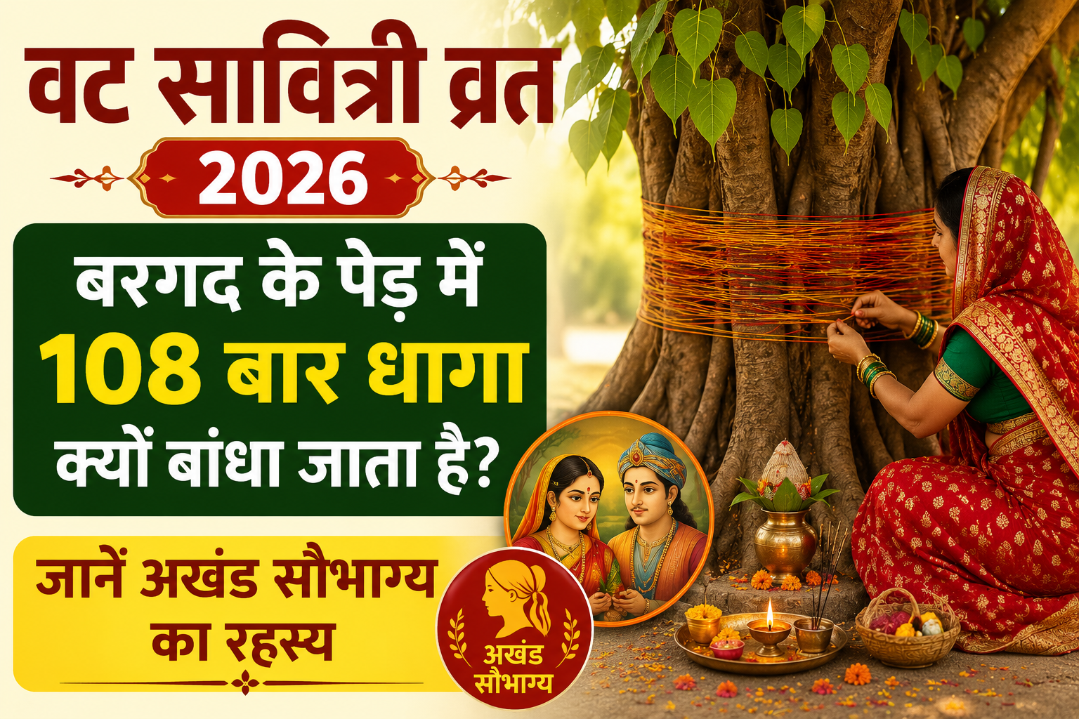 पारंपरिक साड़ी में विवाहित महिला बरगद के पेड़ के चारों ओर धागा बांधते हुए, पास में पूजा थाली, दीपक और सौभाग्य के प्रतीक।