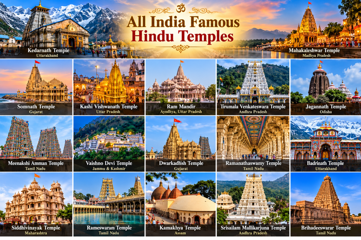 Current image: Indian temple collage featuring Somnath, Kedarnath and Mahakaleshwar